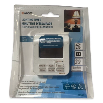 Woods 50008 Temporizador Digital Interior 7 Días con Batería de Respaldo 20 Ajustes de Encendido/Apagado NUEVO Foto 1 de 2