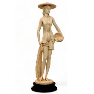 Woman Korean Sculpture Table IN Marble Effect Glazed with Base Wood H 30cm - Picture 1 of 10