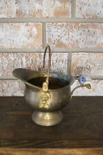 Vintage Brass Coal Ash Scuttle Pitcher Bucket with Lion Heads & porcelain handle