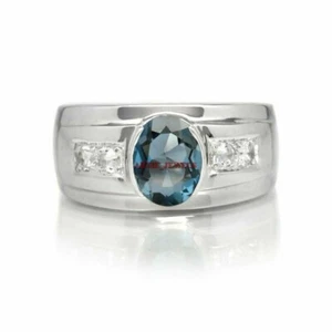 Natural London Blue Topaz with 14K White Gold Plated Silver Ring for Men's AJ363 - Picture 1 of 13