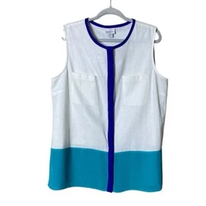 Jaclyn Smith Womens Linen Tunic Button Down Blouse XL Beachy Color Block Coastal - Picture 1 of 9