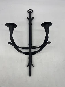 Vtg French Hand Forged Wrought Iron Wall Double Candle Holder Sconce Gothic 50s - Picture 1 of 11