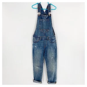 GAP Denim Overalls Girls Size S Distressed Roll Cuff Hem Bib Patch Pocket Indigo - Picture 1 of 9