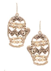 CHRISTMAS SNOWY MITTENS CRYSTAL BEAD DANGLE GOLD TONE EARRINGS - Picture 1 of 1