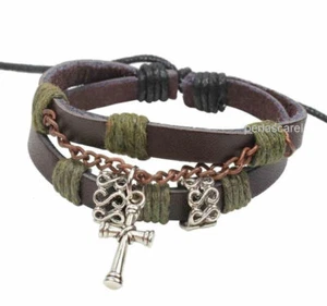 PULSERA de Cuero Natural y abalorios étnicos con Cadena y Cruz Unisex Ajustable - Imagen 1 de 3