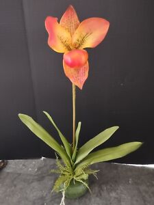 LARGE Artificial Paphiopedilum Lady Slipper Orchid on disc. red/orange