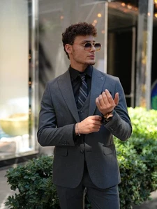Mens 3 Piece Premium Slim Fit Suit Italian Style Punto Stitching Gray - Picture 1 of 7