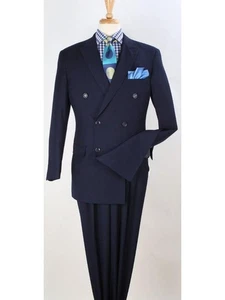 Apollo King Mens Classic Fit Navy Blue Double Breasted 100% Wool 3 Piece Suit - Picture 1 of 1