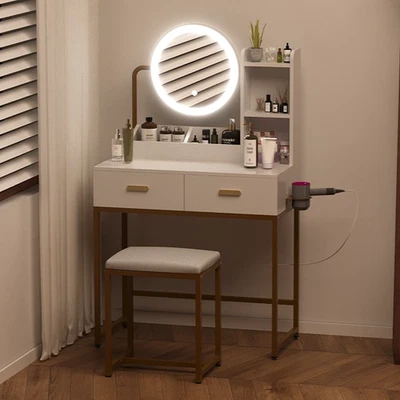 Vanity Dressing Table LED Light Mirror Stool Shelves Drawers Modern White Gold - Image 1 of 4