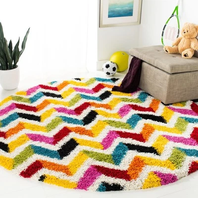 Alfombra Kids Shag Collection - 6'7" Redonda, Marfil y Multi, Arco Iris Chevron De... Foto 1 de 3
