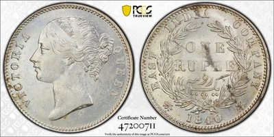 India Británica, Rupia Victoria 1840. PCGS MS 62 Foto 1 de 4
