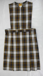 Mädchen R/K braun & gelb kariert V-Schlitz Trittfalte Uniform Kleid 1/2 Gr. 121/2 & 141/2 - Bild 1 von 5