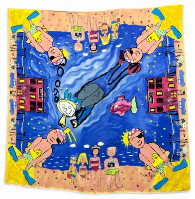 Bufanda de seda Escada vintage multicolor playa buceo océano pirata diseñador artístico Foto 1 de 4