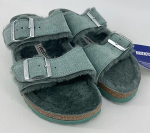 Birkenstock Sandals Shoes Women 38 US 7.5 Green Arizona Shearling Fur Big Buckle - Picture 1 of 9