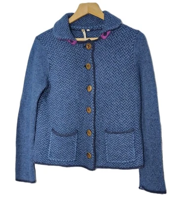 White Stuff Lambswool Womens Cardigan Size 14  Blue Patterned Elbow And Collar - Image 1 of 4