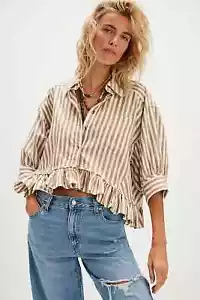 Free People We The Free Bailey Stripe Shirt S 6 Oversize Cotton Blouse Top 42690 - Picture 1 of 10