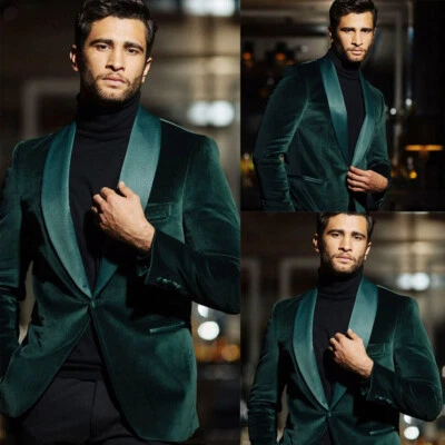 Chaqueta de terciopelo verde oscuro para hombre chal solapa esmoquin negocios boda novio blazer Foto 1 de 4