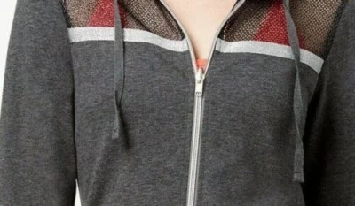 NUEVO CON ETIQUETAS $45 MATERIAL NIÑA SUDADERA CON CAPUCHA GRANDE MALLA METÁLICA CREMALLERA CARBÓN Top Foto 1 de 3
