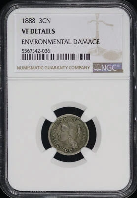 1888 Three Cent Nickel NGC VF Details Environmental Damage - Image 1 of 2