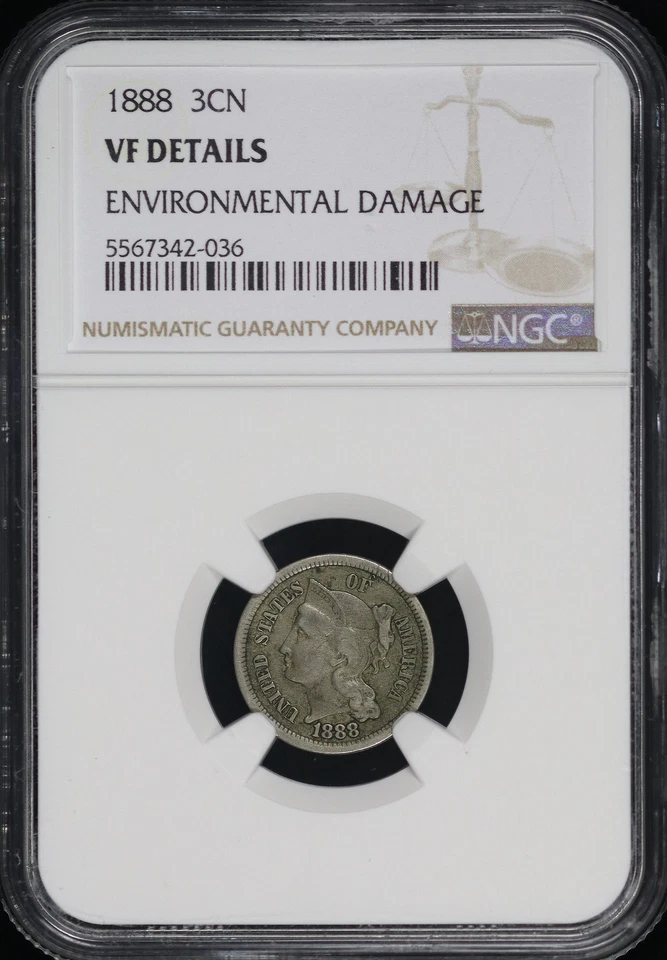 1888 Three Cent Nickel NGC VF Details Environmental Damage - Image 1 of 2