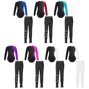 Girls Sets 2pcs Outfit Gymnastics Tracksuits Kids Leotard Keyhole Back Bodysuit - Picture 1 of 78
