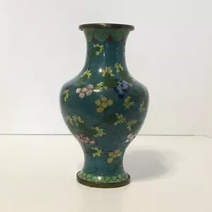 VASO VINTAGE TURCHESE CINESE SMALTO CLOISONNE ottone FIORE fiori 6,5"H - Foto 1 di 6