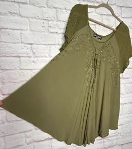 1X/2X/3X New Olive Green Cotton Gauze Embroidered Beach Tunic Peasant Top - Picture 1 of 13