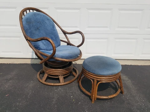 VTG Boho Bamboo Caned Rattan Swivel Rocking Chair and Ottoman PICKUP ONLY 53172 Cover