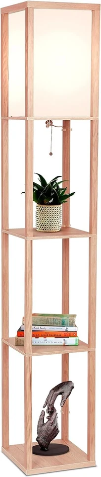 Lámpara de pie torre Brightech Maxwell con estantes y bombilla LED, madera natural Foto 1 de 4