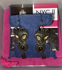 Vtg Brass Cat Dangle Earrings with Amber and Crystals