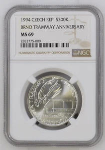 Czech Rep. 1994 200 korun silver BU coin - Brno Tramway 125th Anniv. NGC MS 69 - Picture 1 of 2
