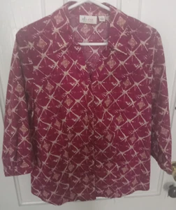 NWOT DENIM & CO 3/4 Sleeve Dk Red/Tan Button Front V Neck Cotton Blend Top S - Picture 1 of 5