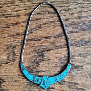 Statement 925 Silver Turquoise Inlay Necklace 17" Vintage Short Beauty Unmarked - Picture 1 of 12