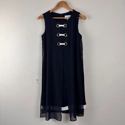 Joseph Ribkoff Nautical Dress Navy Chiffon Overlay Gold Eyelet US 8 UK 10 - Image 1 of 4