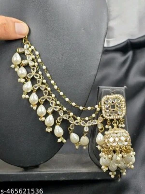 Conjunto de brincos esmaltados estilo Kundan Jhumka branco afegão Bollywood - Imagem 1 de 4