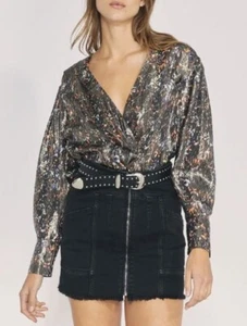 IRO Women 42/10 Silk Blouse Black Milana Shimmer Crossover Top Party Event NWT - Picture 1 of 19