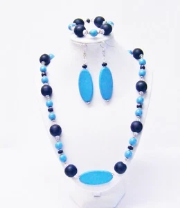 Round Black w/Light Blue Wood Beads Necklace/Bracelet/Earrings - Picture 1 of 10