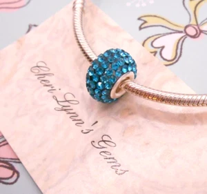 AUTHENTIC RHINESTONE AQUA BLUE SILVER BRACELET CHARM BEAD & GIFT POUCH! - Picture 1 of 5