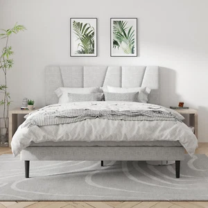 Queen Size Platform Bed Frame with Geometric Upholstered Headboard, Noise Free, - Picture 1 of 7