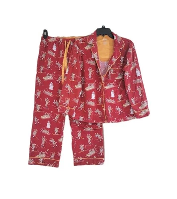 Nick & Nora Sz S Flannel Long Sleeve Pajamas Red  Monkey Holiday Sledding  - Image 1 of 4