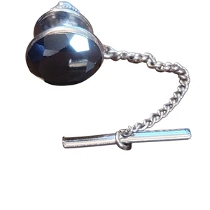 Vintage Silver Tone Black Faceted Oval Glass Tie Tack With Chain & Bar - Picture 1 of 10