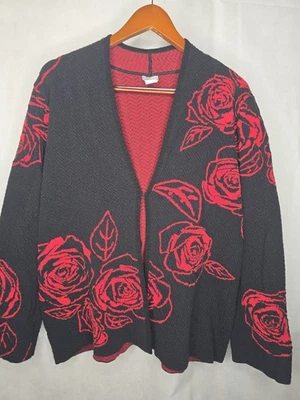 Cárdigan Chico's Negro Rojo Floral Rosas Gasa Mezcla Algodón Cuello Alto 3/XL Foto 1 de 4