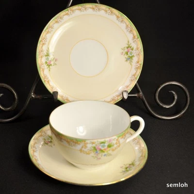 Noritake M-in-Wreath Cup 2 Saucers 1918 Hand Painted Floral w/Gold Made in Japan - image 1 of 4