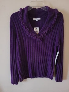 NWT Vintage Mercer Street Studio Deep Purple Fringe Collared V-Neck Sweater PM - Picture 1 of 11