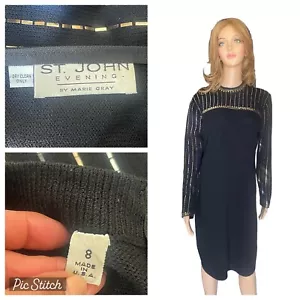 St. John Dress Knit Sequin Vintage Long Sleeve Art Deco Black Gold Silver 8 - Picture 1 of 12