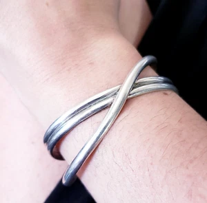 Vintage Sterling Silver 6.5" X Cuff Bracelet Womens Twist Criss Cross Modernist - Picture 1 of 8