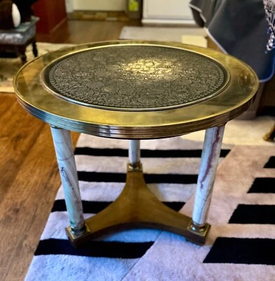 Antique Italian Marble Side Tables + Etched Repoussé Brass Top Art Deco_A Pair - Image 1 of 4