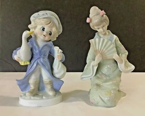 Pair Vintage KPM Porcelain 7-1/2” Boy w/Goose & 8” Asian Lady w/Fan Figurines  - Picture 1 of 7