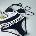 Cocoship Womens Black White Mesh Pom Pom High Waist Bikini Set Size 4