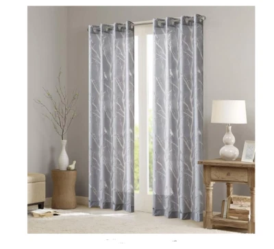 半透明窗帘植物印花设计 50x63 灰色 1 面板 — 第 1/2 张图片